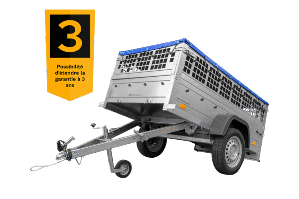 Remorque grillagée 200×106 avec bâche plate bleue, ridelles grillagées et roue jockey – Garden Trailer 200 KIPP