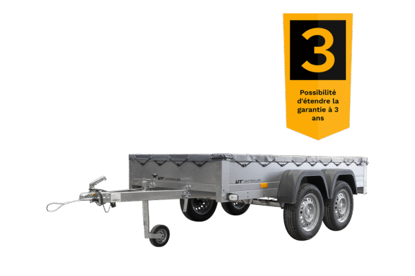 remorque unitrailer 264/2 kipp avec roue jockey, tige de support de bâche et bâche plate grise